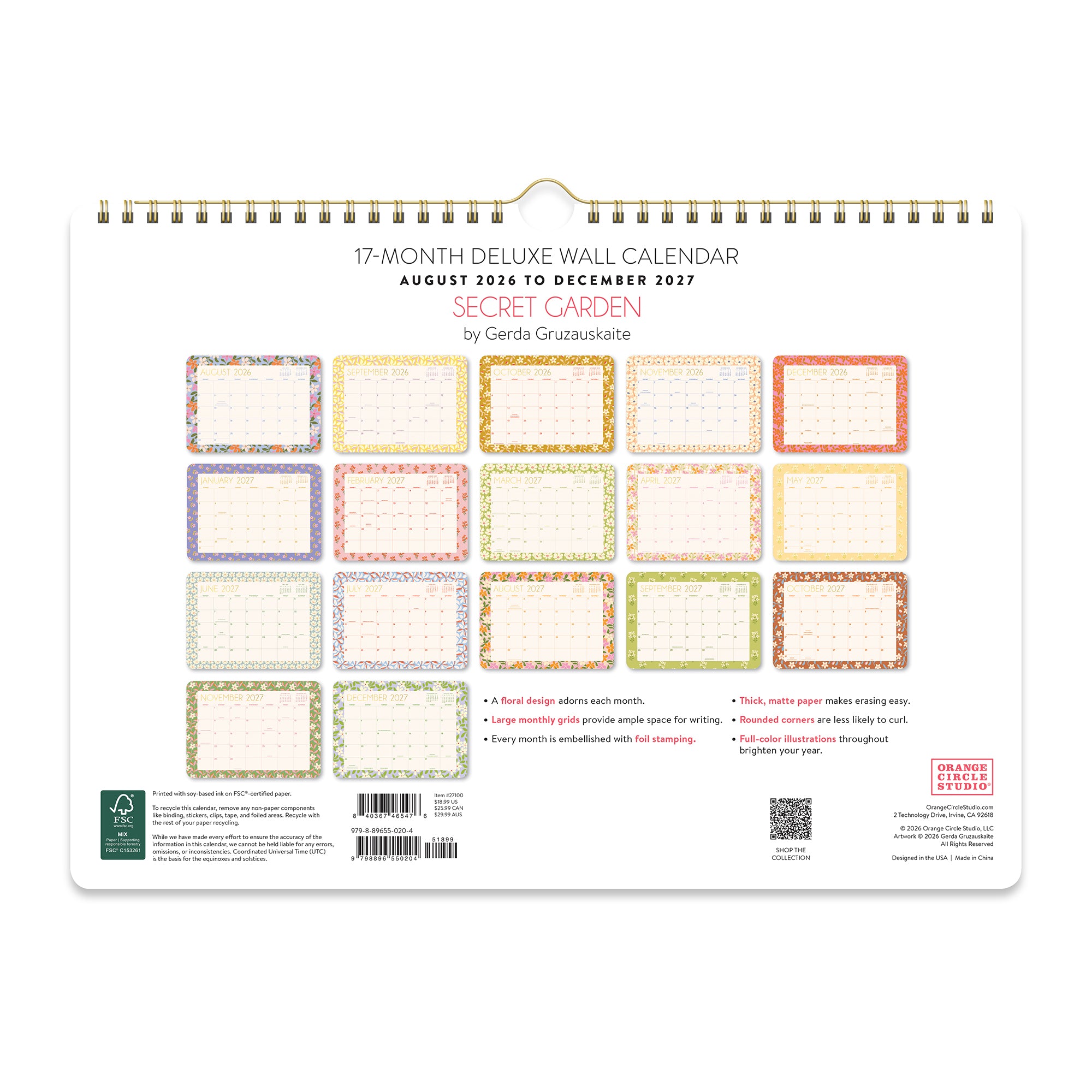 2027 Secret Garden Deluxe Wall Calendar